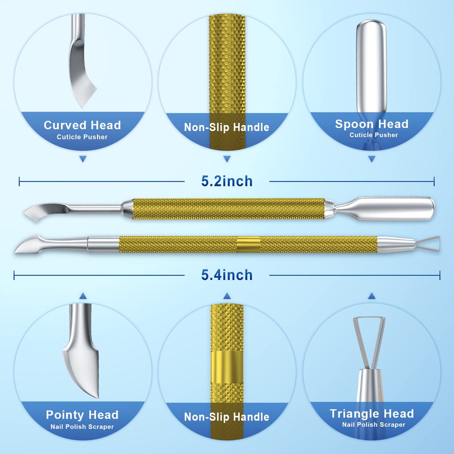 2PCS Metal Mineral Gold Cuticle Pusher and Cutter Remover Salon Quality Stainless Steel Gel Nail Polish Peeler Scraper Durable Manicure and Pedicure Cleaner Tool For Fingernail and Toenail