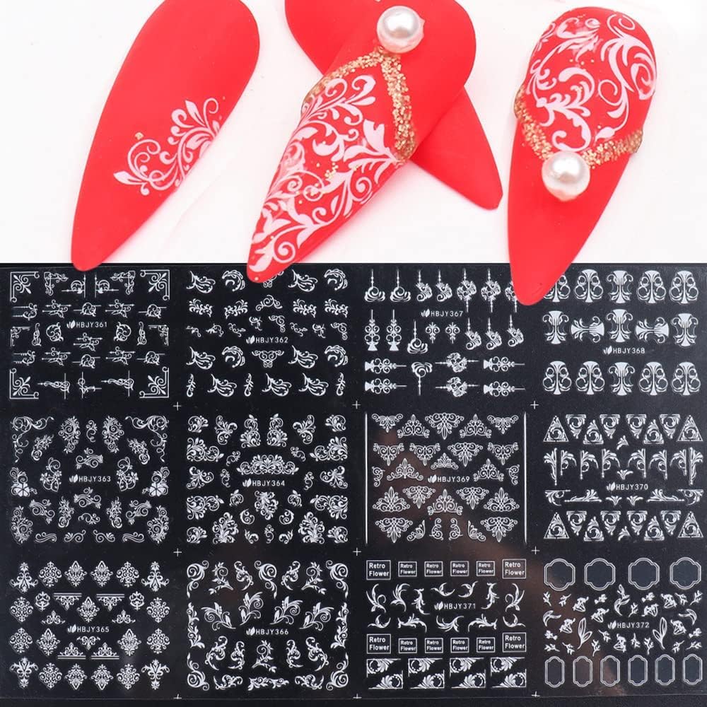 Flowers Nail Art Stickers Decal ,White Flowers Nail Stickers Nail Art Supplies 3D Retro Lace Flower Leaf Vine Geometric Self Adhesive Floral Nail Decals Wedding Nail Designs for Women Manicure Decorations(361-372 White)