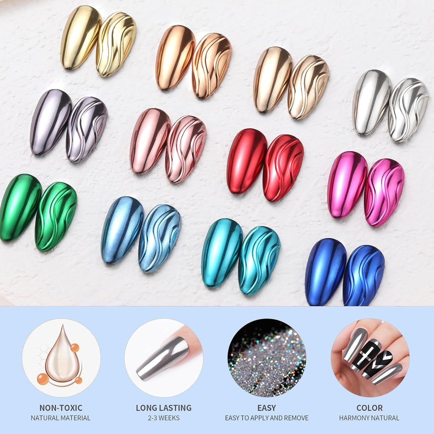 Born Pretty Mirror Chrome Nail Powder Set, 12 Colors Metallic Mirror Effect Nail Powder Gold Silver Rose Gold Red Blue Holographic Aurora Chameleon Pigment for Nail Art Gel Polish Decoration Sets
