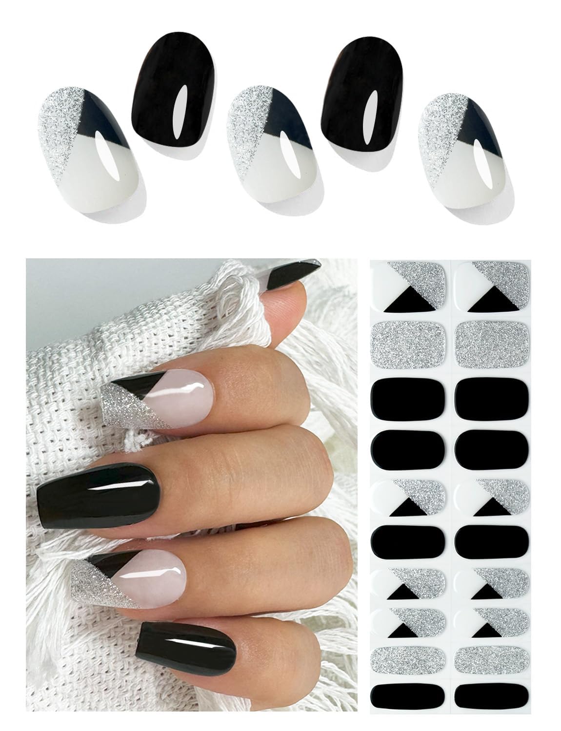 Semi Cured Gel Nail Strips - Black Glitter | 20pcs Gel Wraps UV for Home Nails DIY