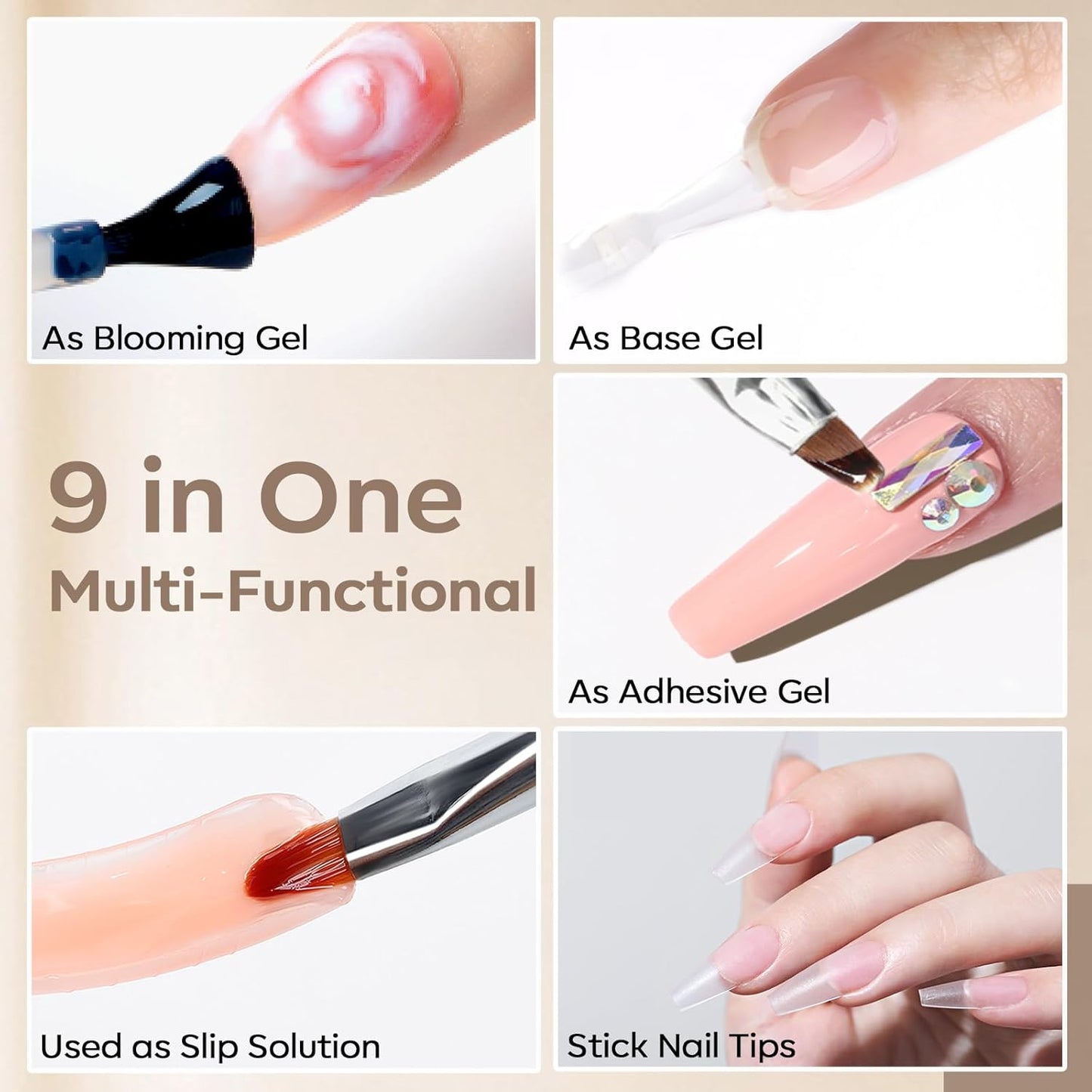 Modelones 9 in One Nail Glue Polish Set Brush On Gel Nail Glue 15ml for Rhinestone, Base Gel, Blooming Nail Art Gel Nail Kit Strengthener Treatment for Weak and Damaged Acrylic Nails U V Lamp Needed