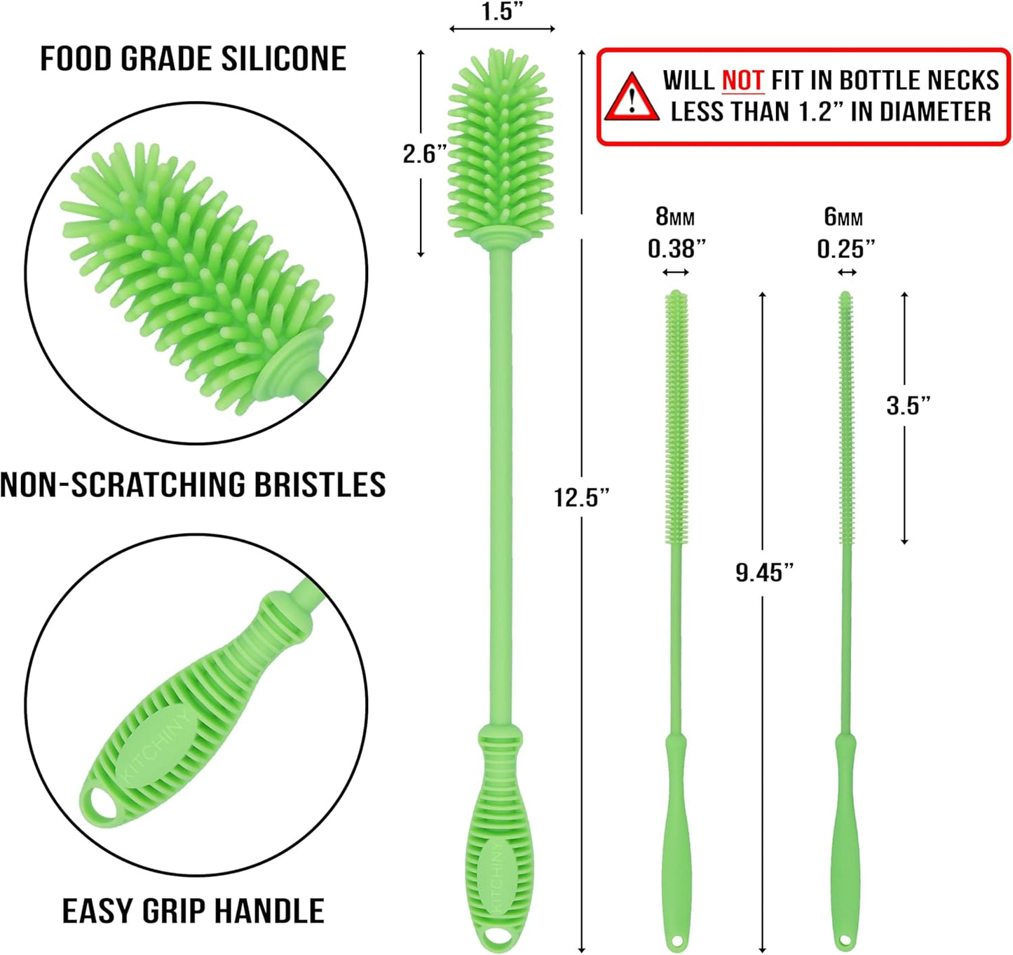 12.5" Silicone Bottle Brush & Straw Cleaner Brush Set | Water Bottle Cleaner for Hydro Flasks, Tumblers, Glassware, Vases and Narrow Neck Containers