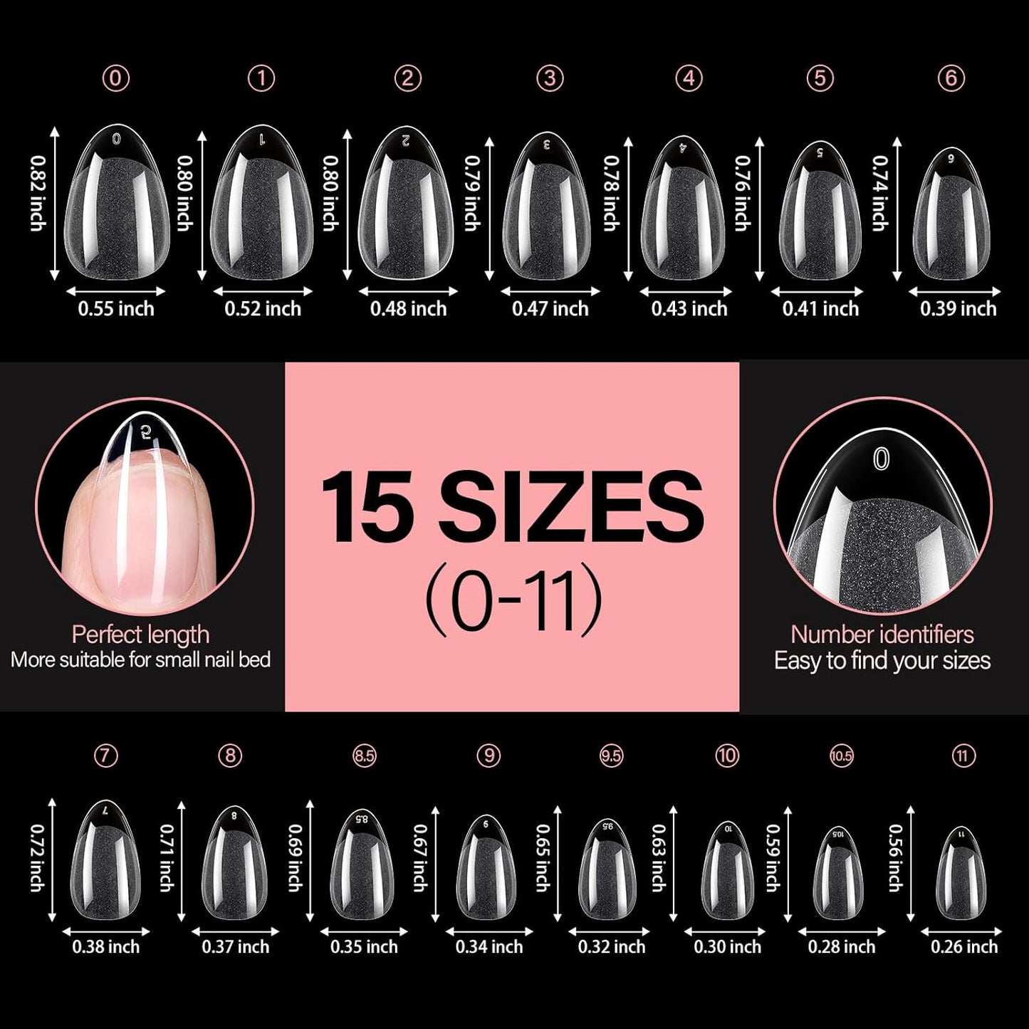 AILLSA Short Almond Nail Tips Pre-Shaped Acrylic Nail Tips Half Matte Full Cover Nails Tips Clear Gelly Press on Flase Tip Nail for Extension Nail Manicure Home DIY 240PCS 15Sizes