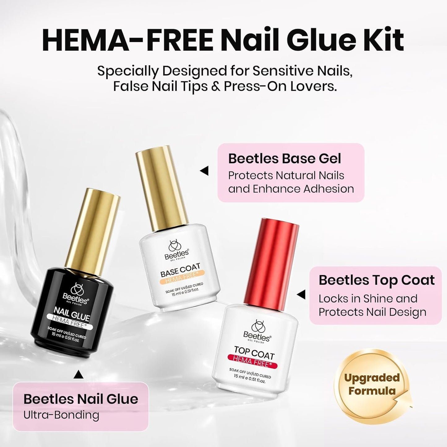 Beetles 3Pcs 15ml HEMA-Free Nail Glue Top Coat & Base Gel Set No Wipe Top Coat Base Nail Glue Gel for False Nails Shine Effect Long Lasting Nail Extension DIY Salon Nails at Home, U V Light Required