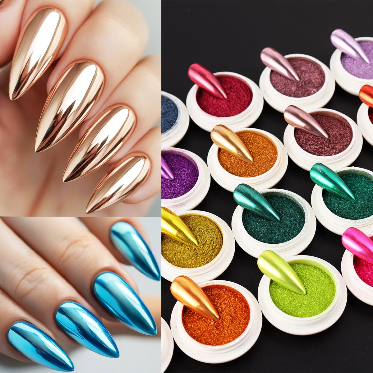 24Pcs Chrome Nail Powder Set - Metallic Mirror Effect Holographic Iridescent Aurora Mermaid Nail Powder Pigment Silver Red Green Gold Nail Chrome Powder for Nails Art Decoration(24 Eye Shadow Sticks)