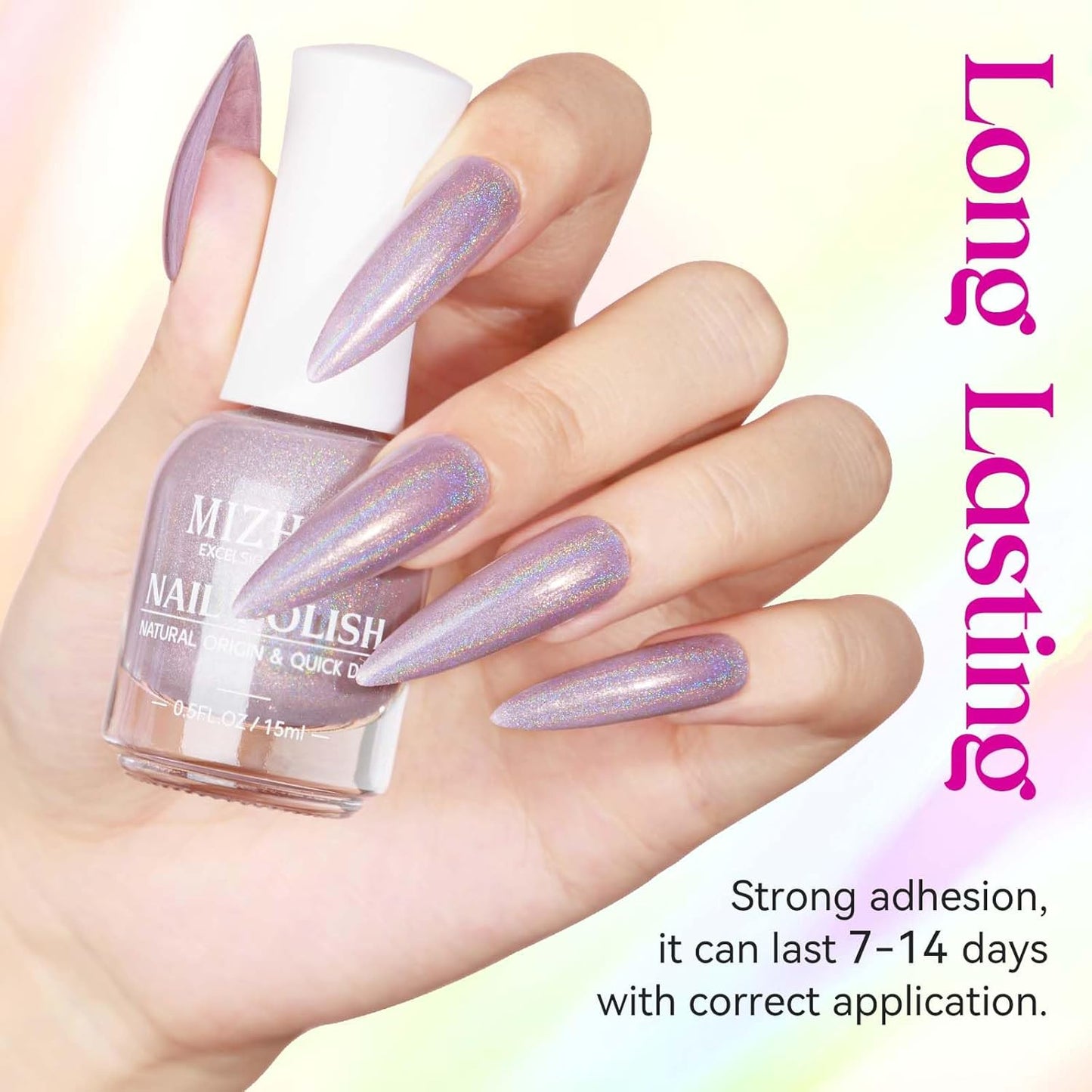 MIZHSE Holographic Nail Polish, Light Purple Glitter Nail Polish Air Dry Fast, 15ml/0.5 fl oz High Glossy Shimmer Nail Pigment Laser Oil-based Nail Lacquer Chrome Halo Nail Art Salon Manicure at Home