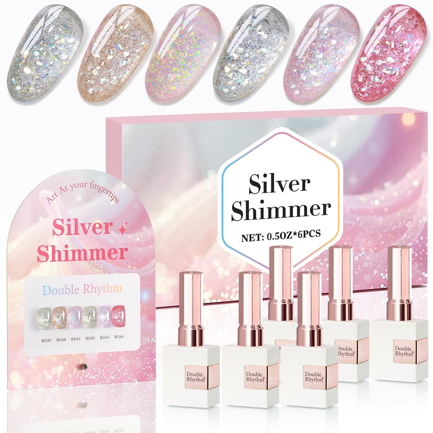Double Rhythm 0.5 Oz Glitter Gel Polish Set of 6 Color with Display Board 15 ml Full Size Kit Shimmer Reflective Sparkle Soak Off Manicure Salon DIY at Home (Gold Silver Light Pink Rose-T6-35)