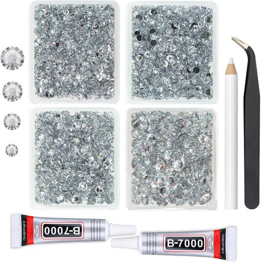Silver Clear Resin Rhinestones w B7000 Jewelry Glue for Bedazzling Crafting 3mm-6mm Crystal White Flatback Stones Diamonds Crystals Gems Charms for Nails Face Tumblers Bottles DIY Crafts Phones