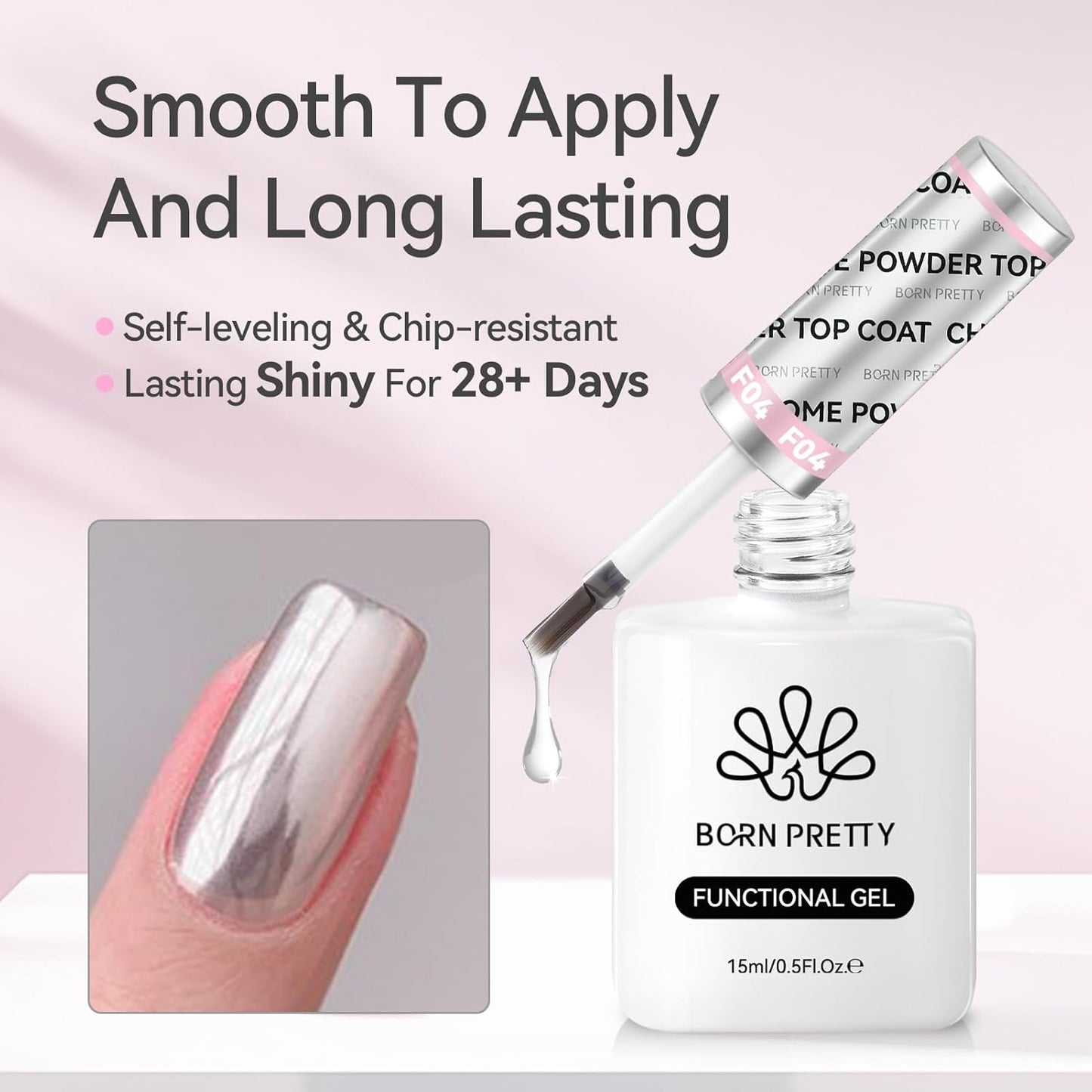 Born Pretty Top Gel for Chrome Nail Powder, 15ml Top Gel for Metallic Gel Nail Polish, Shine Finish and Long Lasting, Soak Off Nail Lamp Gel Nail Art Design