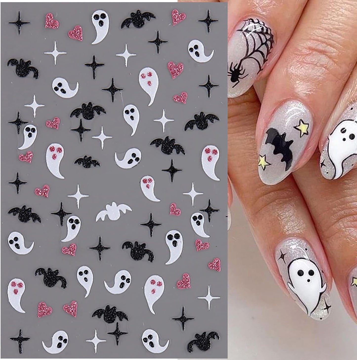 Halloween Nail Stickers 6 Sheets Glow in The Dark Nail Decals Stickers for Nails with Designs Ghost Bat Heart Spider Web Stickers DIY Nail Art Decoration for Women Girls