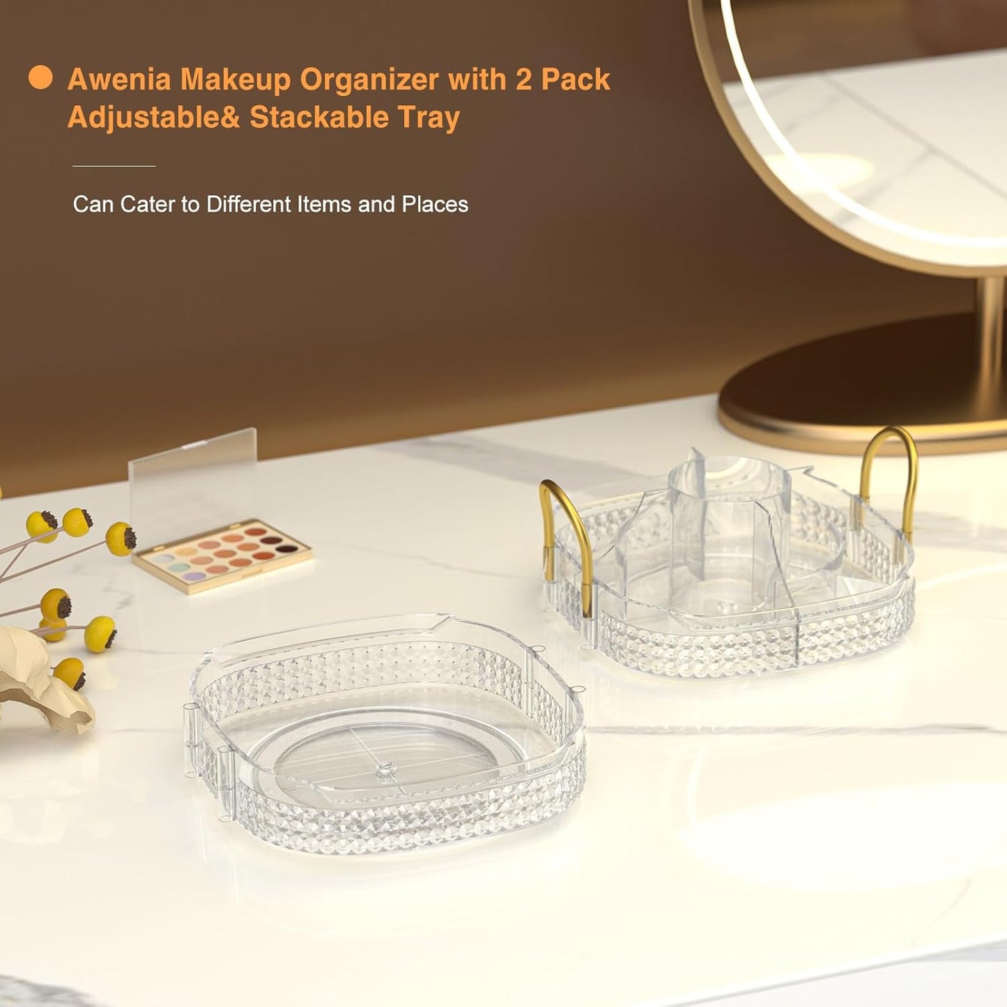 Awenia Rotating Makeup Organizer 360, Stackable Adjustable Large Capacity Cosmetic Storage Unit,Dresser Bathroom Kitchen Countertop Organizer with Metal Handle, Plus Size (Clear, 2 Tier)