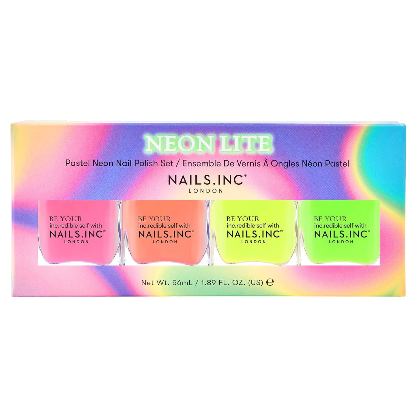 Nails Inc Neon Lite Nail Polish Quad, Neon Glow Enhancing Shades, Fast Drying, Long Lasting, Chip Resistant, Air Dry Manicure,Vegan, Cruelty Free, 4 Piece Set