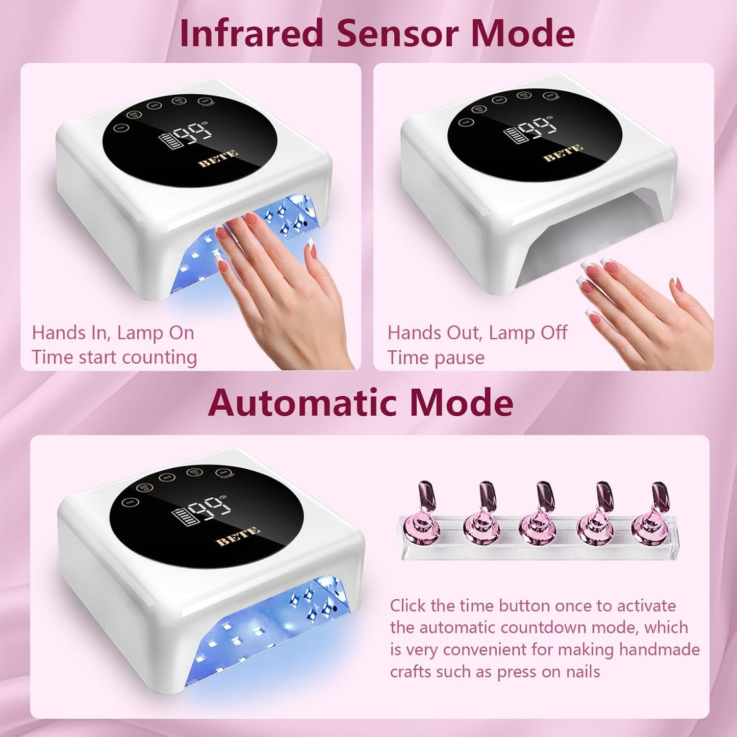 BETE Cordless LED Nail Lamp, 78W Rechargeable UV Nail Light, Intelligent Infrared Sensor and LCD Display Curing Nail Lamp, Portable Nail Dryer Gel Polish Light with 5 Timer Setting White