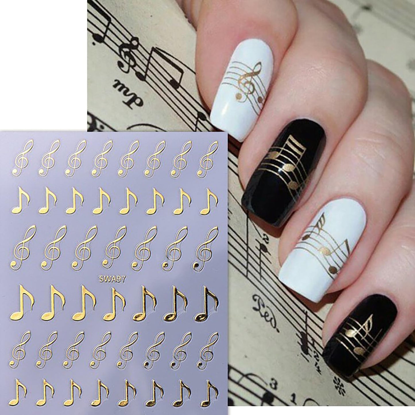 6 Sheets Musical Symbols Nail Art Stickers 3D Self-Adhesive Nails Sticker Music Notation Nails Art Decals Holographic Music Decal Decoration for Women Silver Black Manicure Stickers DIY Nail Supplies