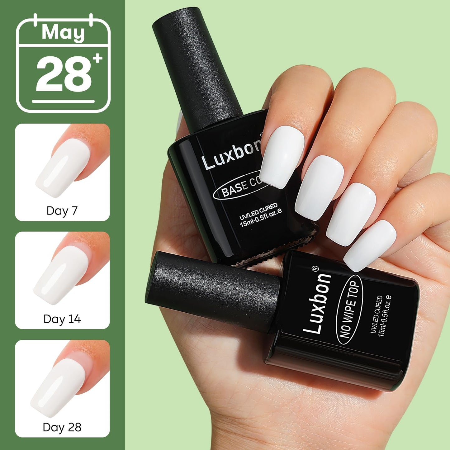 Luxbon 2 Pcs 15ml No Wipe Gel Top Coat and Base Coat Set - Long Lasting, Shine Finish, UV LED Nail Lamp Soak Off Gel Base Top Coat Manicure