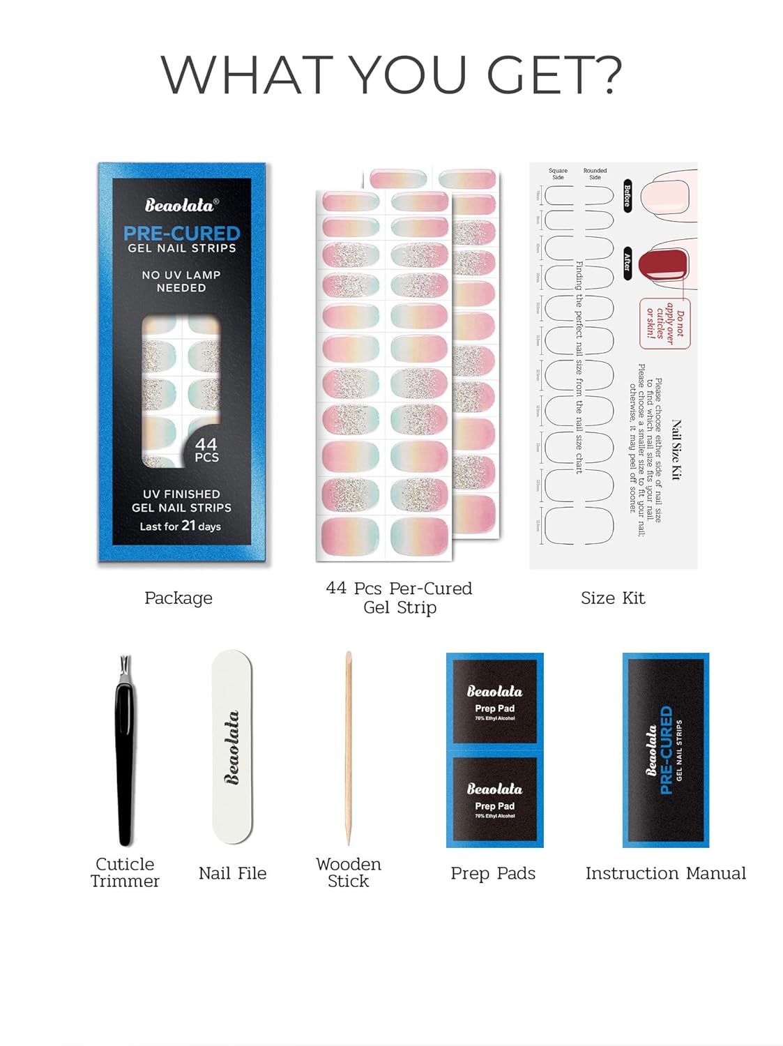 Pre Cured Gel Nail Strips - 44PCS Salon Quality Gel Nail Stickers - Long Lasting Polish Wraps for Women no UV Light Needed Easy Apply& Remove (Rainbow Pink Glow）