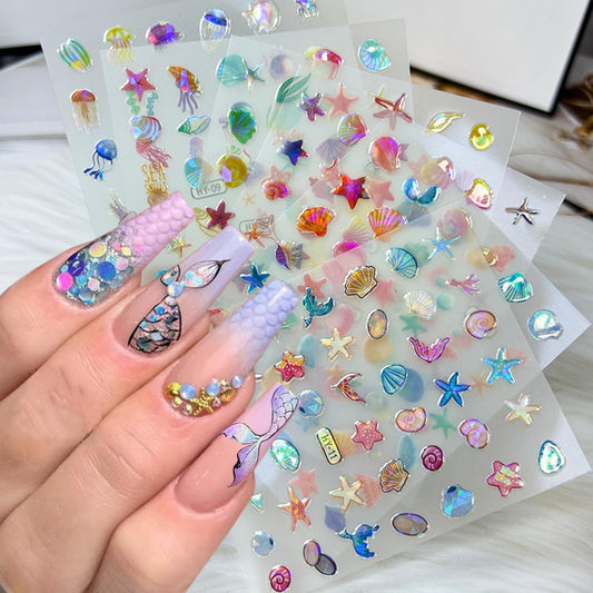 12Pcs Ocean Nail Art Stickers 3D Self Adhesive Summer Nail Stickers Holographic Colorful Shell Starfish Nail Decals Hippocampus Jellyfish Mermaid Cute Nail Art Design Decor Marine Life Nail Supplies