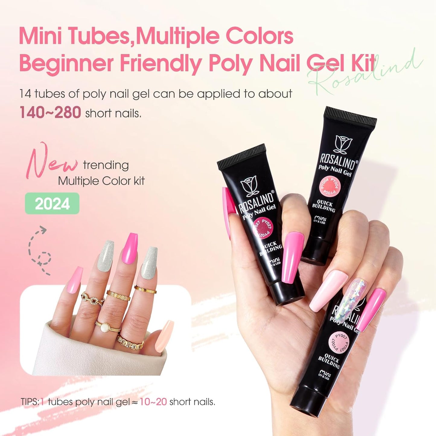 ROSALIND 14 Colors Poly Nail Gel Kit with Mini Nail Lamp Pink Brown Poly Nails Gel Kit Starter Kit With Slip Solution Kit Pink Extensions Gelfor Nail Manicure Beginner