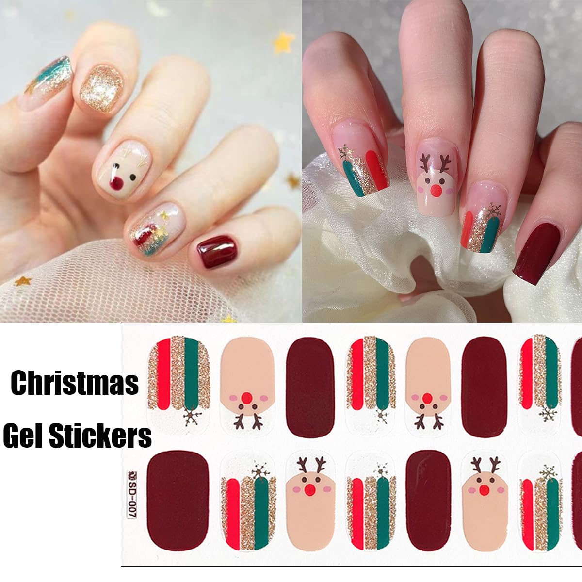 6Sheets Winter Gel Nail Stickers Christmas Full Wrap Gel Nail Strips Glitter Xmas Trees Reindeer Snowmen Nail Polish Stickers Cute Santa Claus French Gel Nail Decals Christmas Stickers for Nail Art
