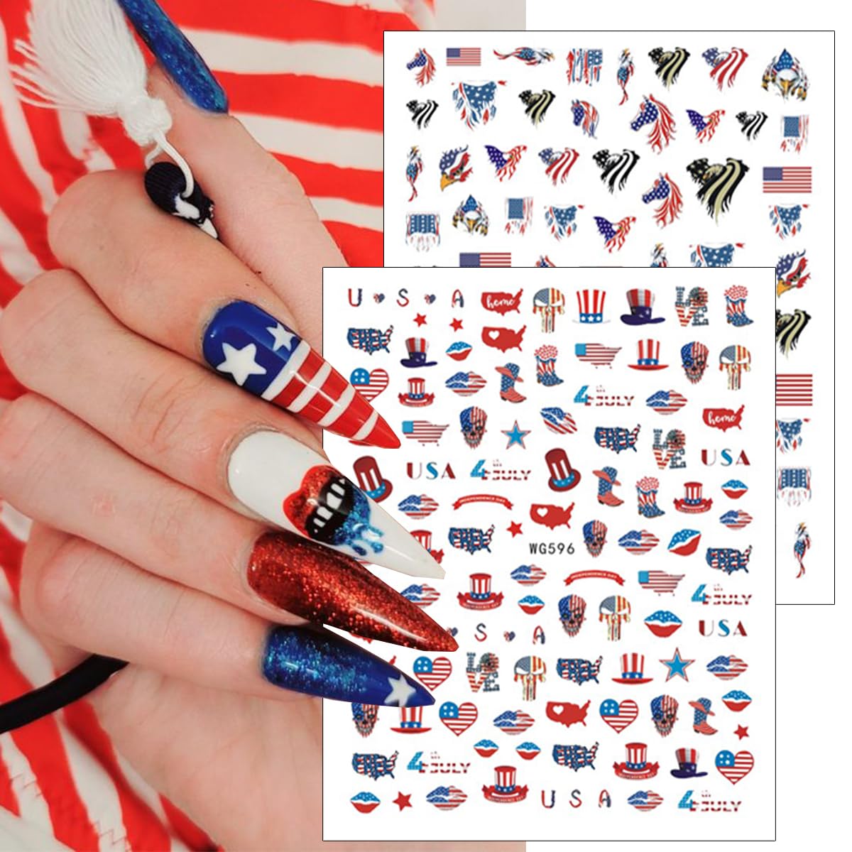 4th of July Nail Stickers, 8 Sheets American Flag Independence Day Nail Art Stickers 3D Self-Adhesive Stars Fireworks Heart Nail Design Stickers Patriotic Holiday Nail Decals for Nail Art Decoration