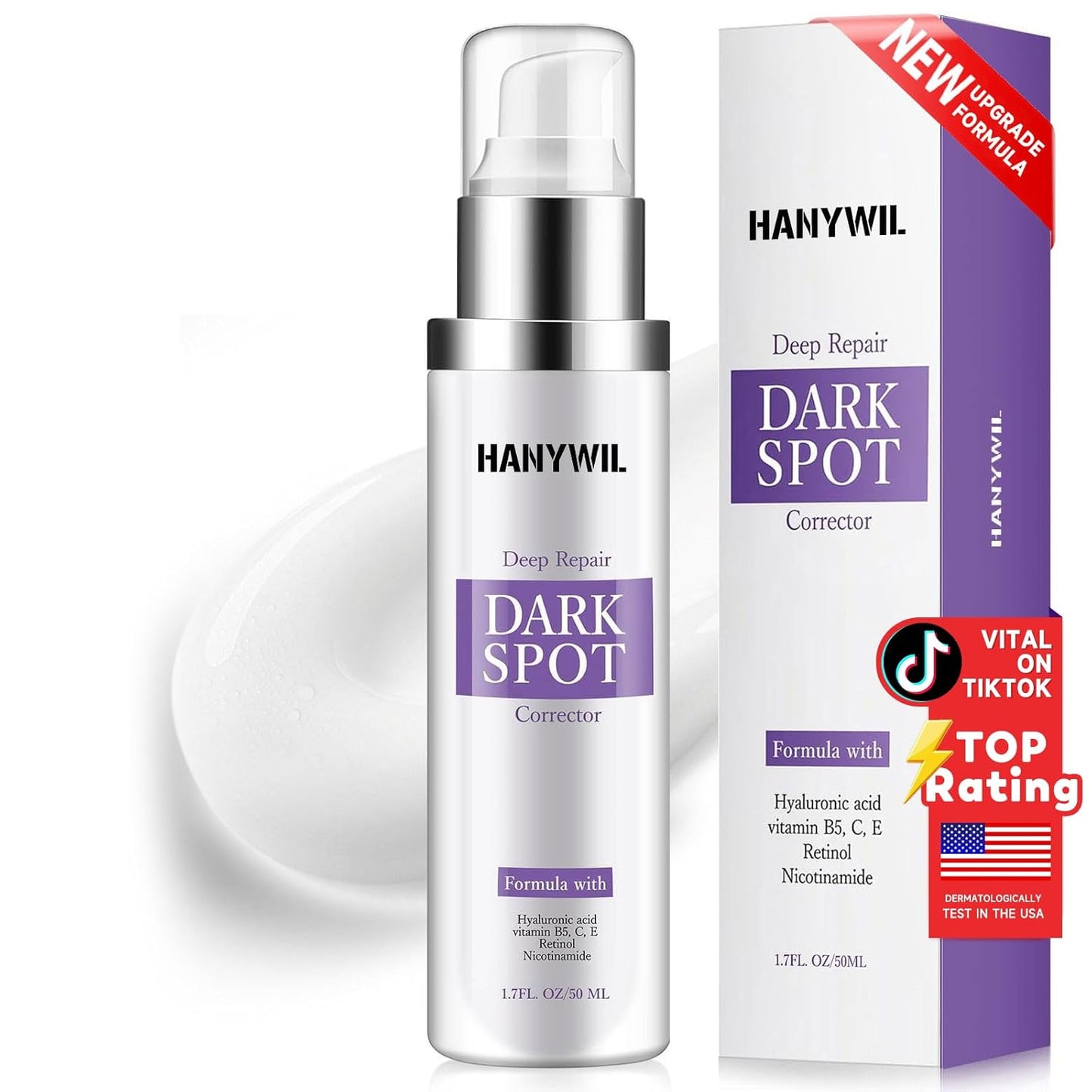 HANYWIL Dark Spot Remover for Face & Body Serum,Rapid Tone Repair Cream with Hyperpigmentation Treatment,Sun Spot, Age Spot & Melasma Remover,Dermatologist-Tested Brightening Retinol Serum (1.7 Fl Oz)