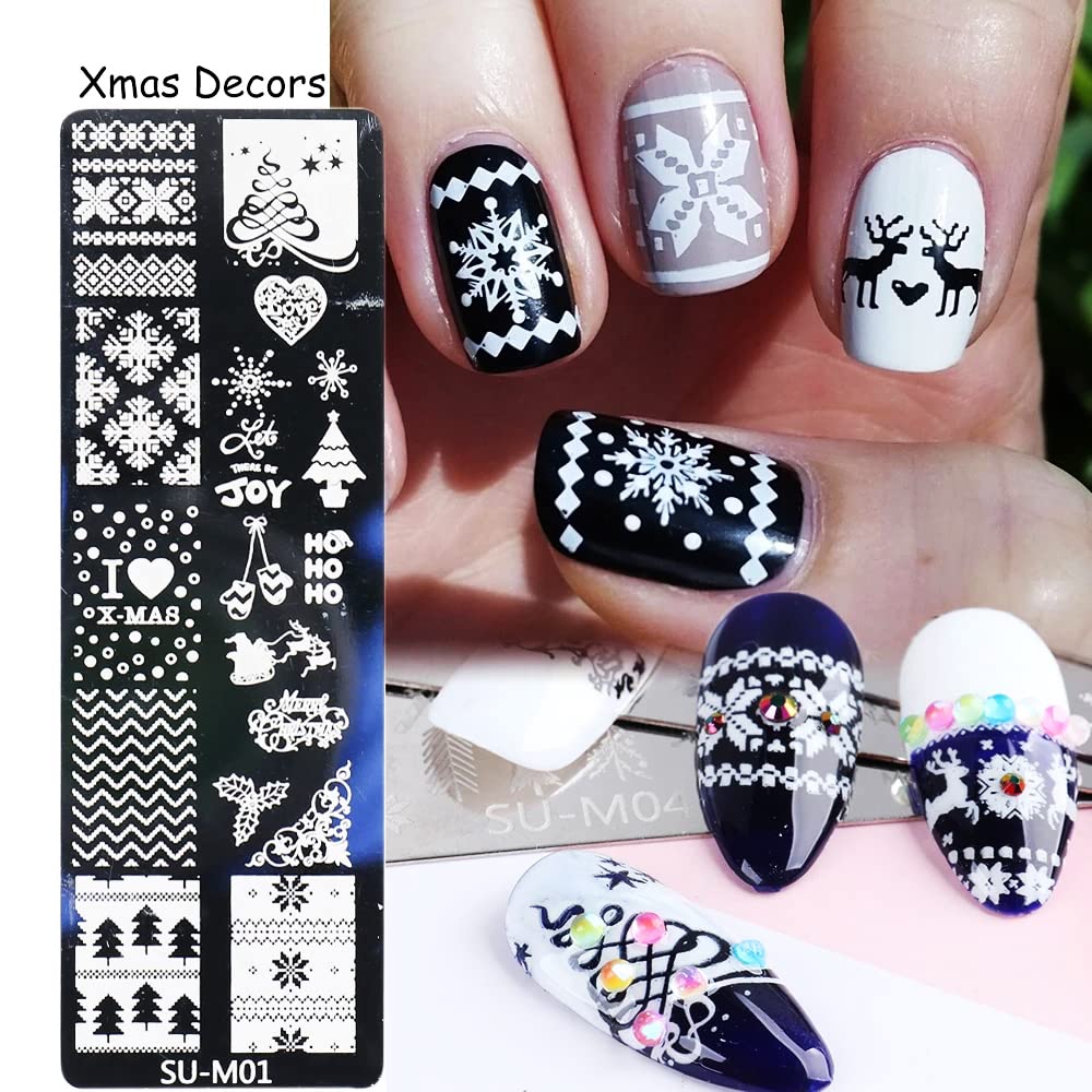 Christmas Nail Stamping Plates, 6Pcs Christmas Nail Stamper Kit Snowflakes Elk Xmas Tree Bell Snowman Winter Nail Art Stencils Plates Nail Manicure Template Design Tool