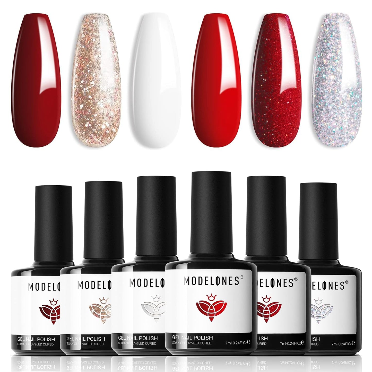 modelones Red Gel Nail Polish Set 6 Colors, 2025 Fall Winter White Glitter Sparkle Bright Burgundy Dark Rose Champagne Silver Candy Cane Nail Polish Kit Soak Off Nail Art Salon DIY Gift Women