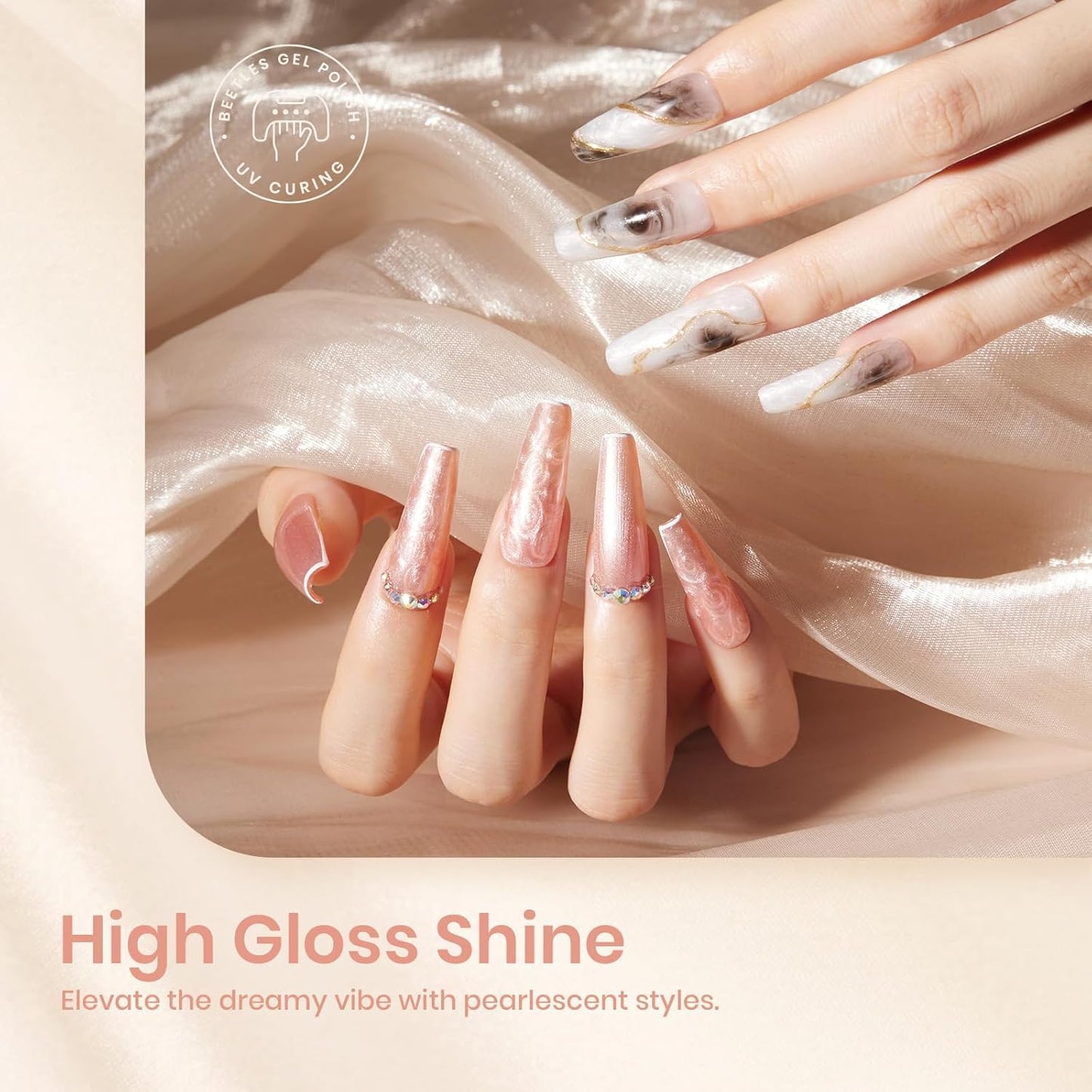 Beetles Pearl Gel Nail Polish – Glitter Silk 6 Colors Gel Polish Set, Pastel Pink White Orange Blue Colors Shimmer Mermaid Shell Swirl Thread Effect Soak Off UV LED Gift for Women