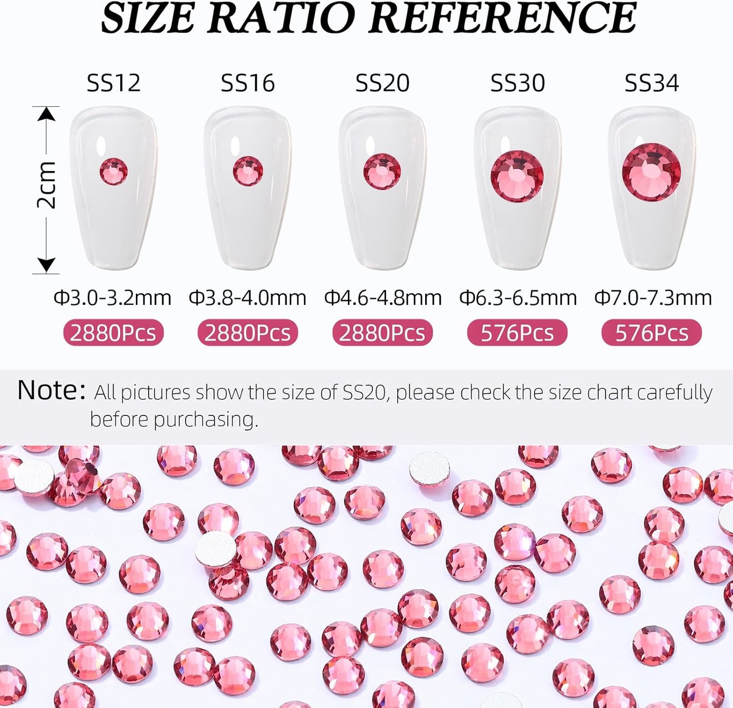 Rose Flatback Rhinestones, Glass Rhinestones for Nail Art and Craft, Glue Fix, Loose Crystal Gemstones(Rose, SS20, 2880pcs, 4.6-4.8mm)