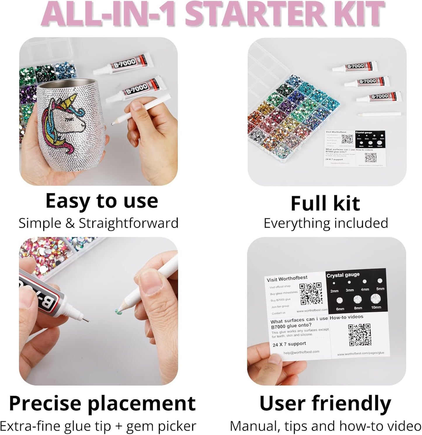 30000Pcs Resin Rhinestones Set for Crafting Bedazzling, Light Pink Flatback Gems Jewels for Crafts Clothes Shoes Fabric Outfit Nails Makeup, Flat Back Crystal 2-6mm with b 7000 Glue