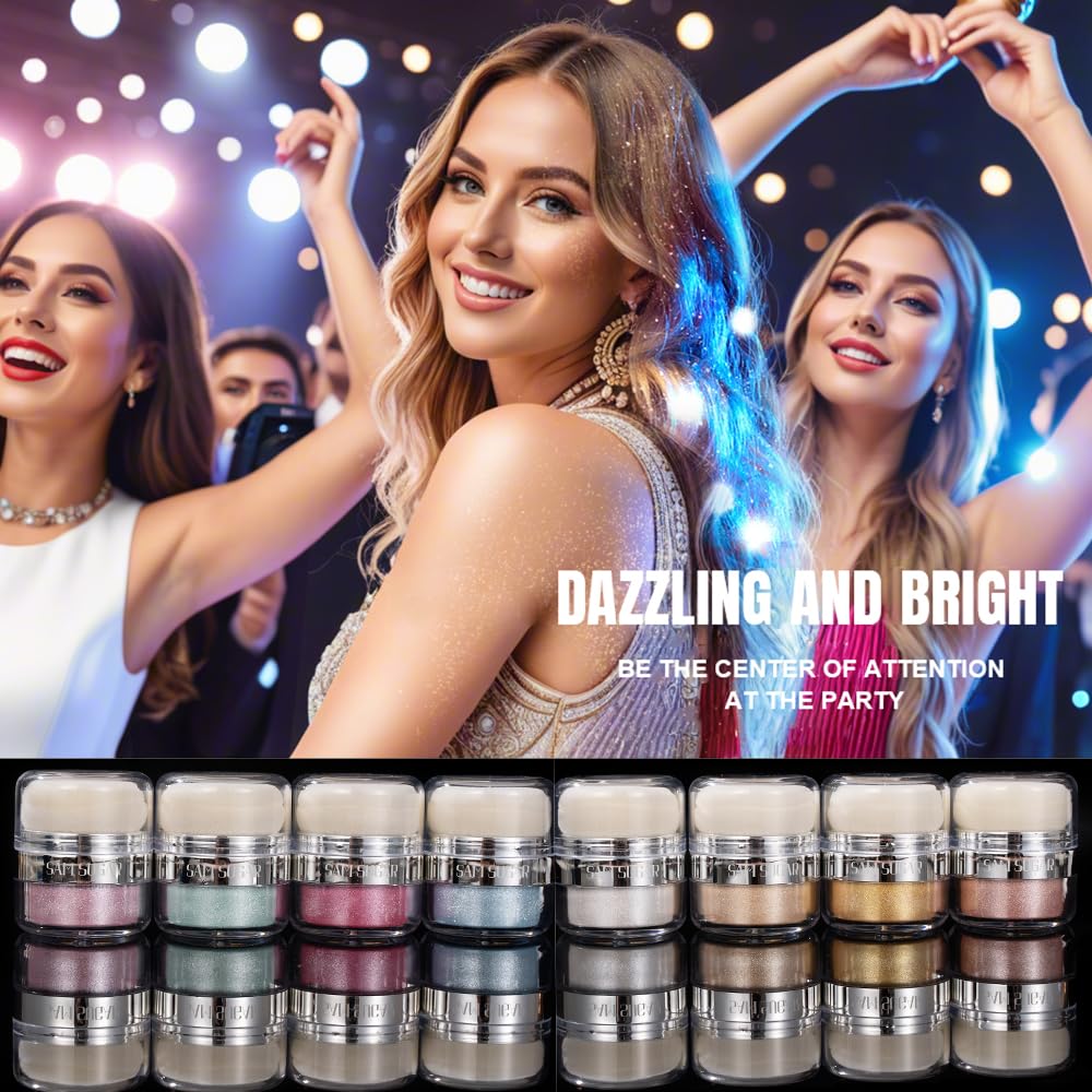 Glitter Body Highlighter Powder Body Shimmer Sparkle Face Brightening Highlighter Powder for Face Eyes Body Glow Makeup With sponge head（04#）