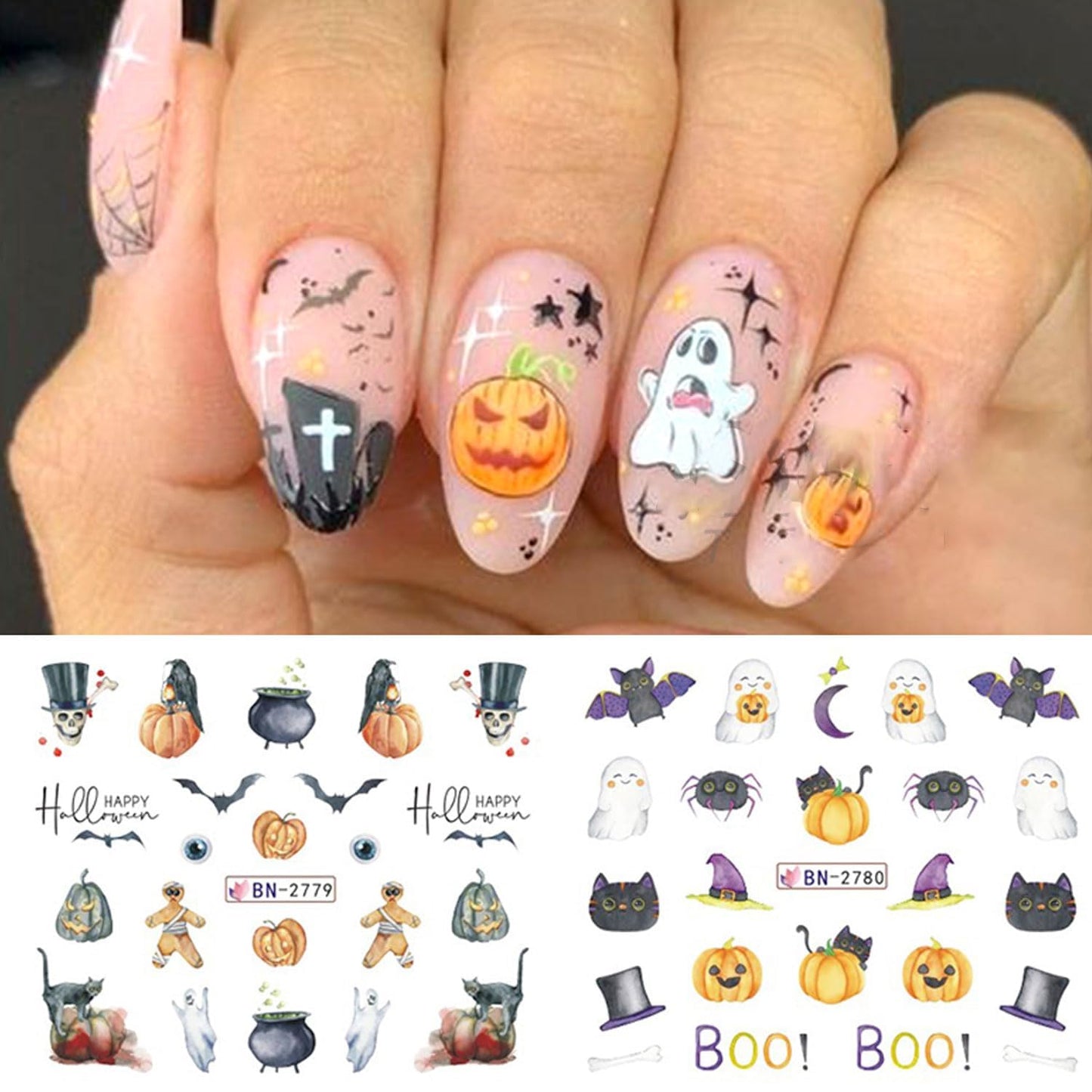 Halloween Nail Art Stickers - Spooky Ghost Pumpkin Water Transfer Foils Decals - Cartoon Witch Bat Spider Skeleton Designer Accessories for Nail Art - 12 Sheets