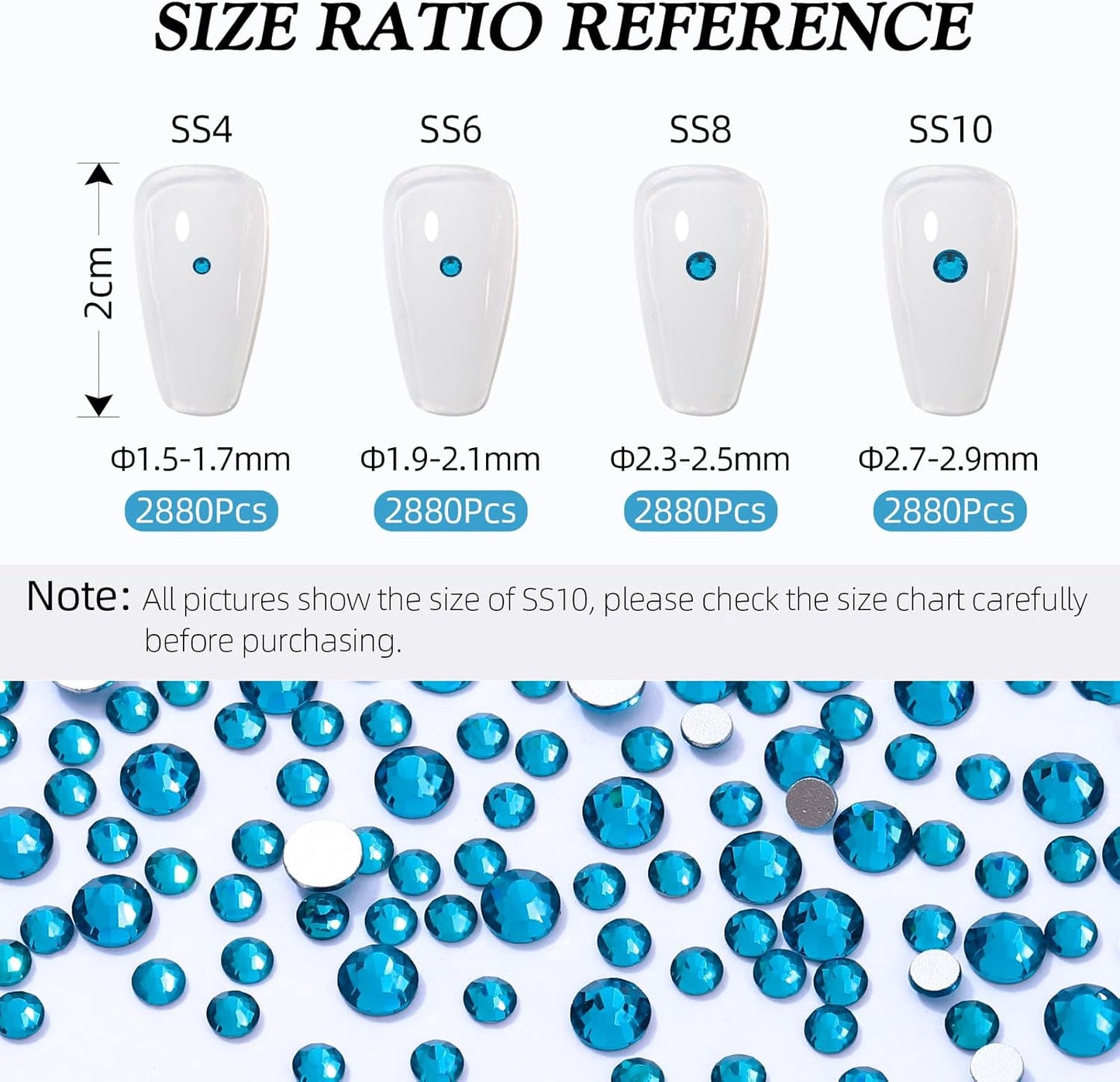 Malachite Blue Flatback Rhinestones, Glass Rhinestones for Nail Art and Craft, Glue Fix, Loose Crystal Gemstones(Malachite Blue, SS10, 2880pcs, 2.7-2.8mm)