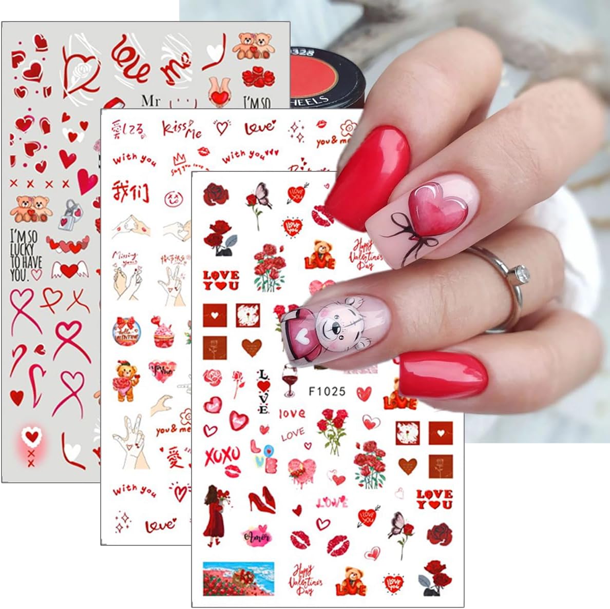 10 Sheets Valentine's Day Nail Art Stickers 3D Self-Adhesive Heart Nail Decals Red Pink Rose Lips Gnome Design Nail Sticker Cute Cartoon Valentines Nail Art Supplies for Women Manicure Decoration DIY