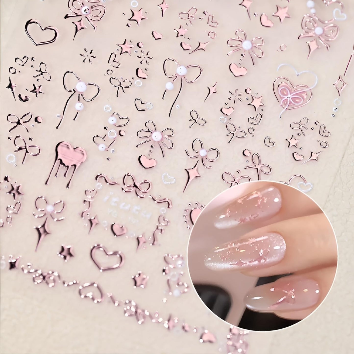 Pink Heart Nail Art Stickers Decals 5D Embossed Star Nail Stickers for Nail Art Pink Bow Nail Decals Valentine Nail Design Cute Nails Supplies for Women