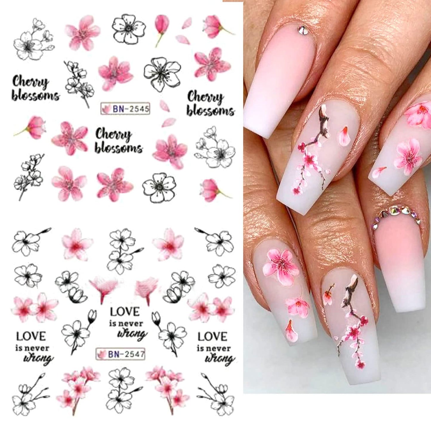 Sakura Water Transfer Nail Stickers - Cherry Blossom & Leaf Designs for Women & Girls - Pink Flower Nail Art Decoration Supplies