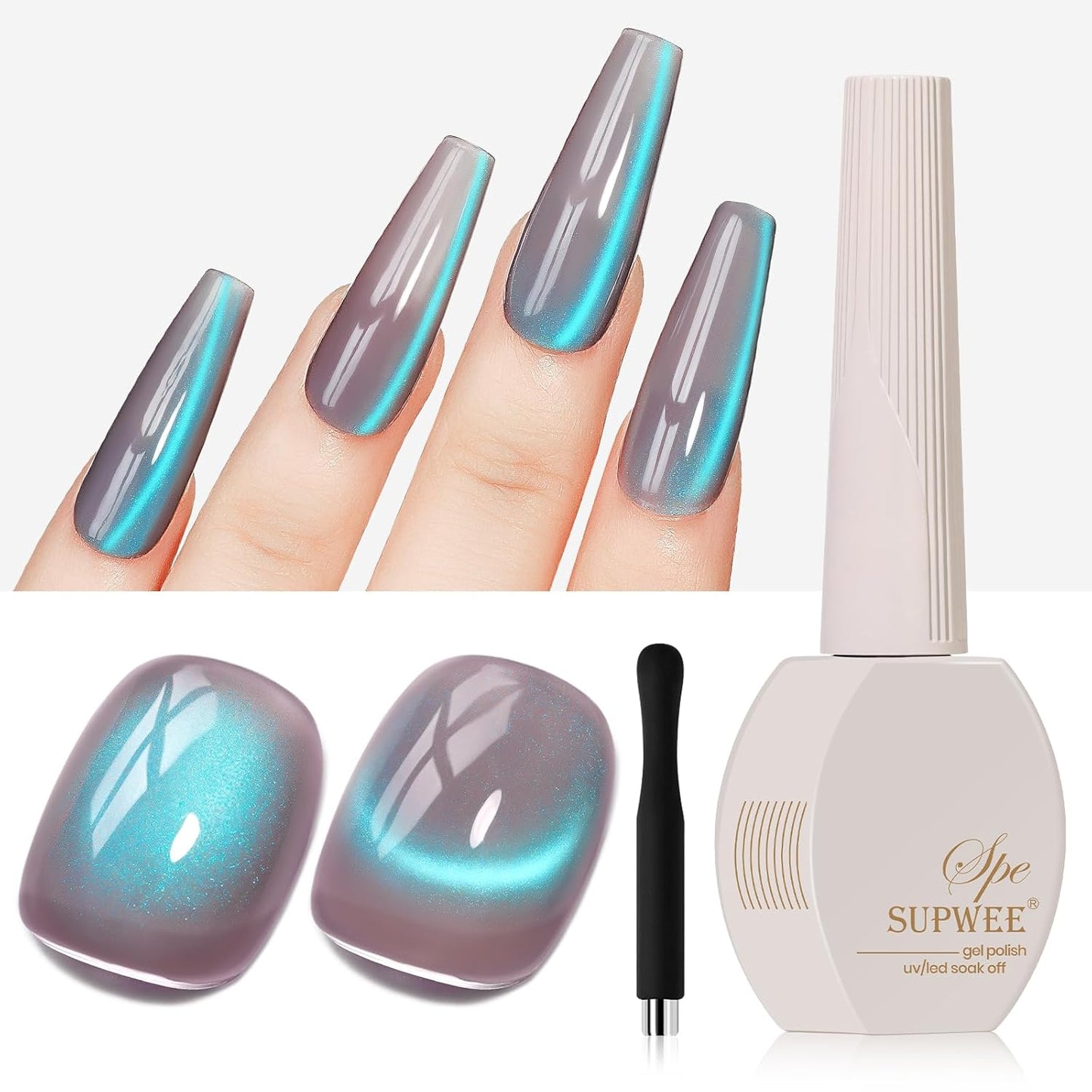 Cat Eye Gel Nail Polish, 15ML Jelly Glass Blue CatEye Effect with Magnetic Stick Shimmer Glitter Effect Soak Off Salon DIY at Home