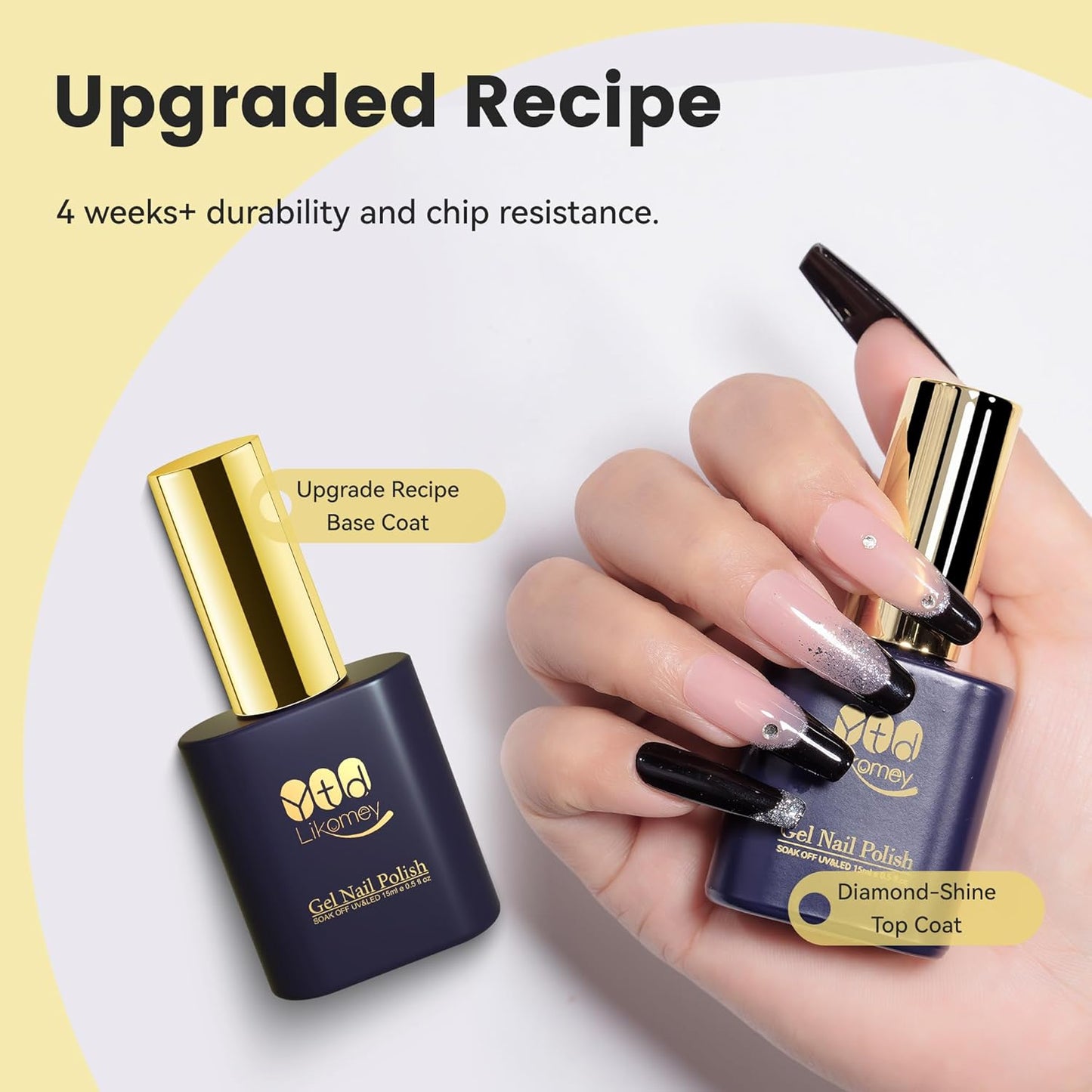 YTD Likomey Gel Nail Polish Base and Top Coat Set,2 Pcs 15ml Shine Gloss Nail Gel No Wipe Top Coat and Base Coat Kit