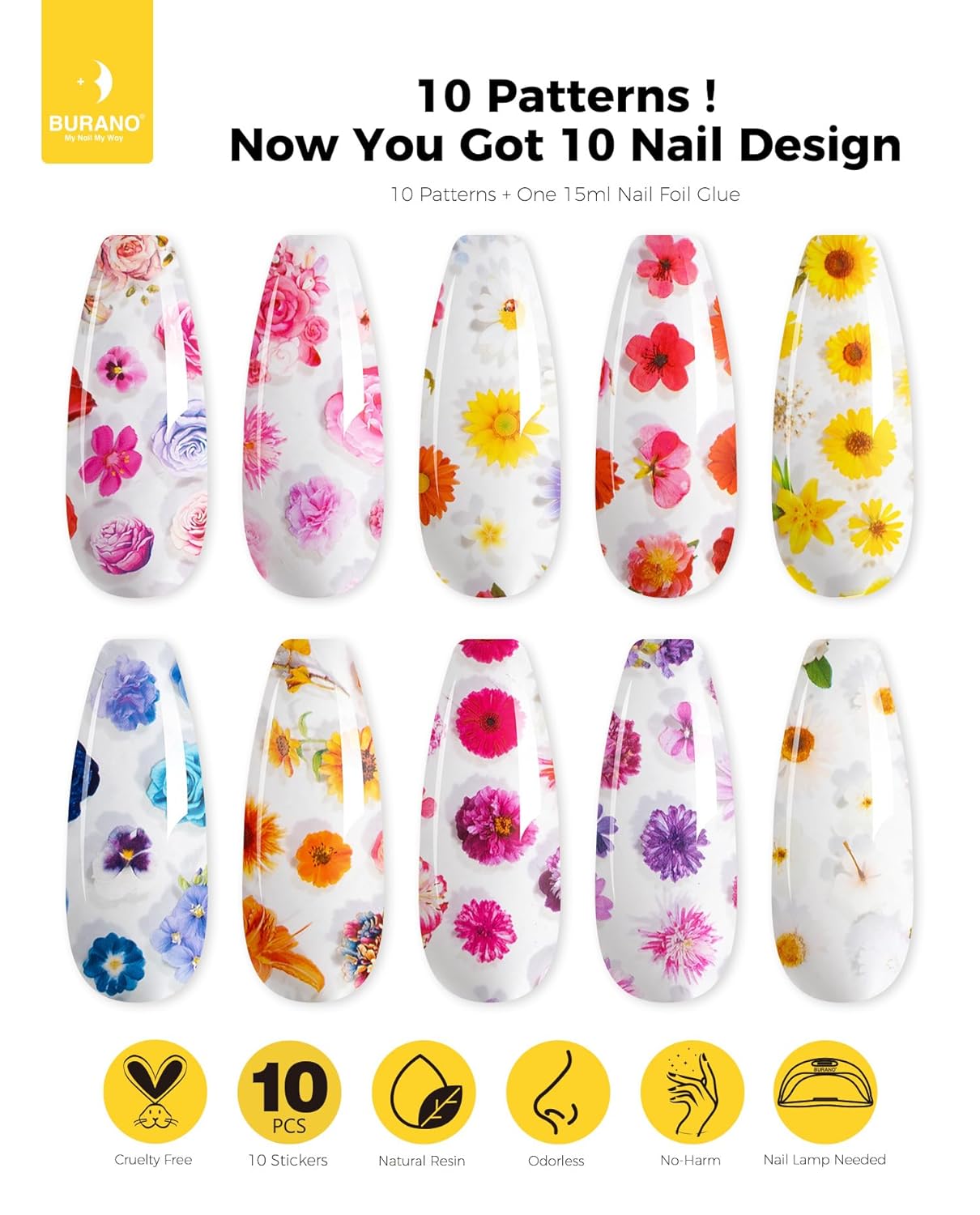 BURANO Nail Art Nail Foil Glue Gel, o.5 oz with 10PCS Foil Stickers Set Nail Foil Glue for Nails Foil Transfer Gel, Nail Design DIY UV LED Lamp Required(Flower Foil 09)