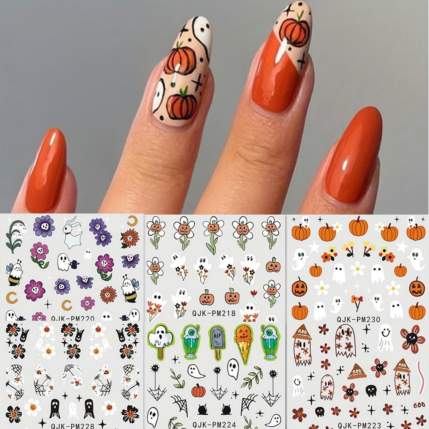 9 Sheets 3D Halloween Nail Art Stickers Self-Adhesive Cute Skull Pumpkin Bat Ghost Spider Designs Cartoon DIY Flowers Nail Art Stickers Decals Halloween Nail Supplies for Women Nails Art Decoration