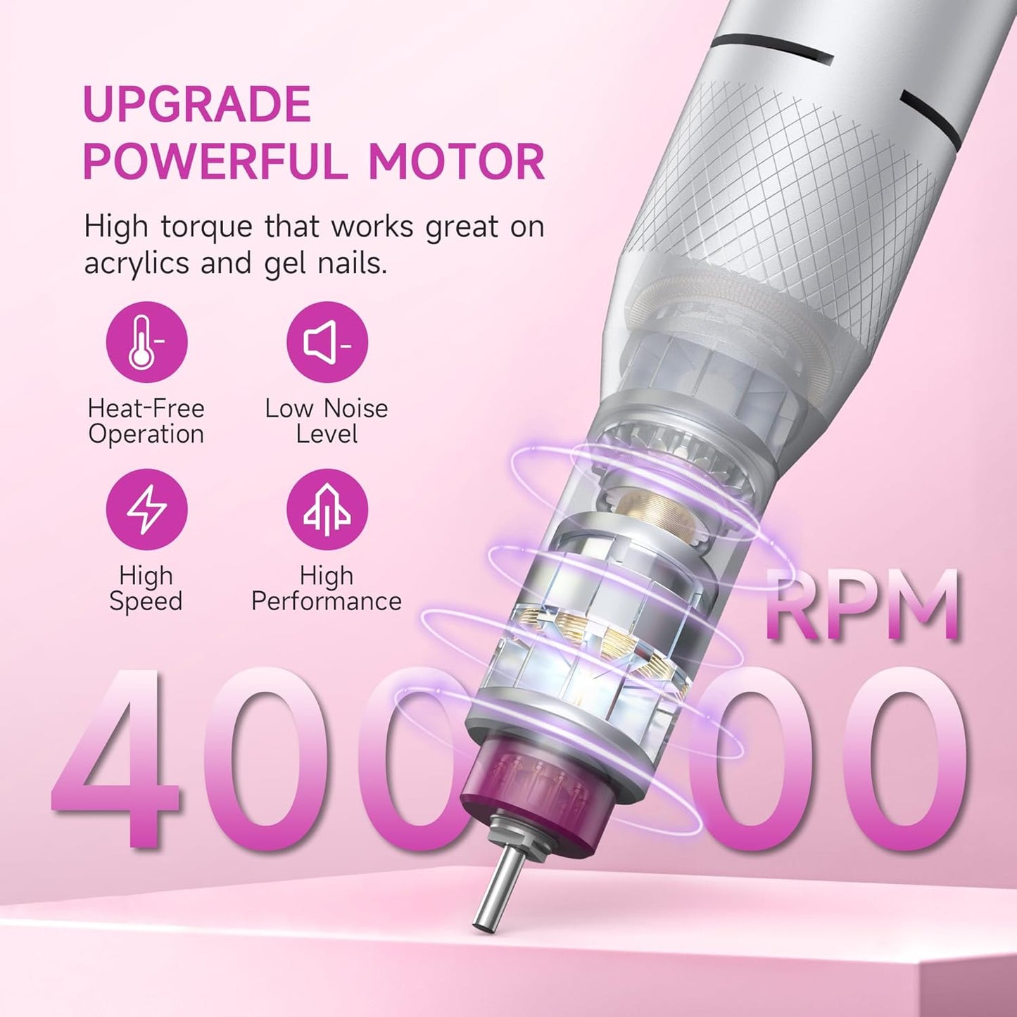 Electric Nail Drill Professional, Portable Nail File for Acrylic Gel Nails, Cordless Rechargeable Ultra Power Nail Drill Kit 40000RPM, HMC320 Salon-Grade Efile Nail Machine (White)