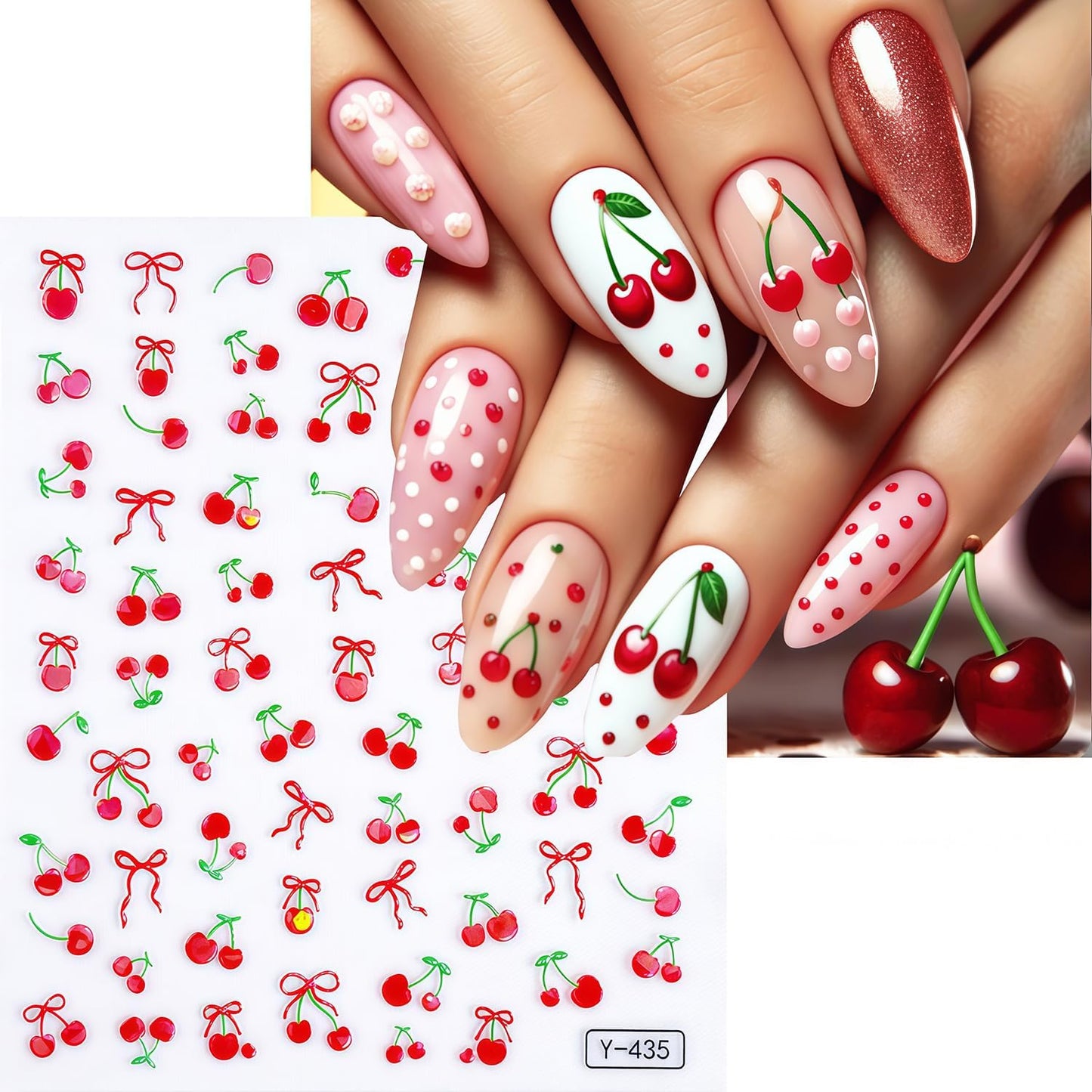 Summer Nail Art Stickers Fruits Nail Sticker 3D Self-Adhesive Shiny Lemon and Cherry Design Nail Decals DIY Salon Acrylic Nail Art Decoration Accessories for Women Vacation Nails