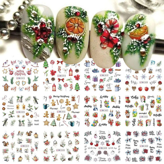12 Sheets Christmas Nail Art Stickers Snowflake Water Transfer Nail Decals Holographic Gingerbread Man Snow Trees Winter Design Watermark Nail Foils Stickers for Women Xmas Nail Decorations