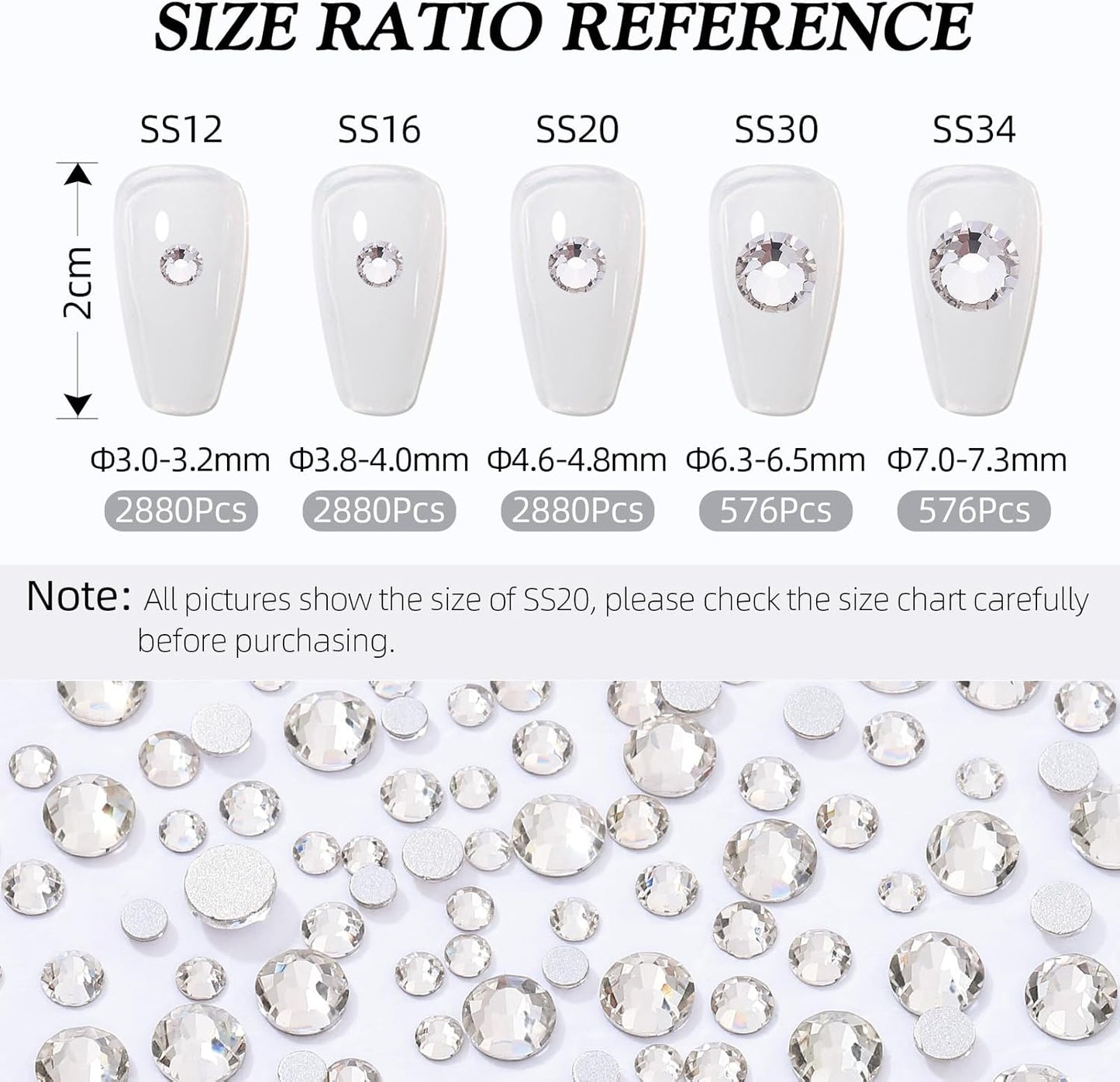 Crystal Clear Flatback Rhinestones, Glass Rhinestones for Nail Art and Craft, Glue Fix, Loose Crystal Gemstones(Crystal, SS34, 576pcs, 7.1-7.3mm)