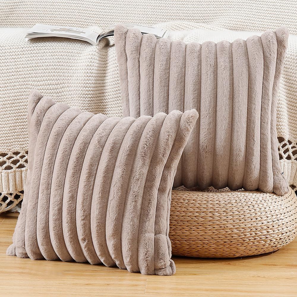 MADIZZ Set of 2 Faux Wool Plush Decorative Throw Pillow Covers 20x20 Inch Taupe Fluffy Striped Soft Decorative Cushion Cover for Sofa Bedroom Pillow Shell