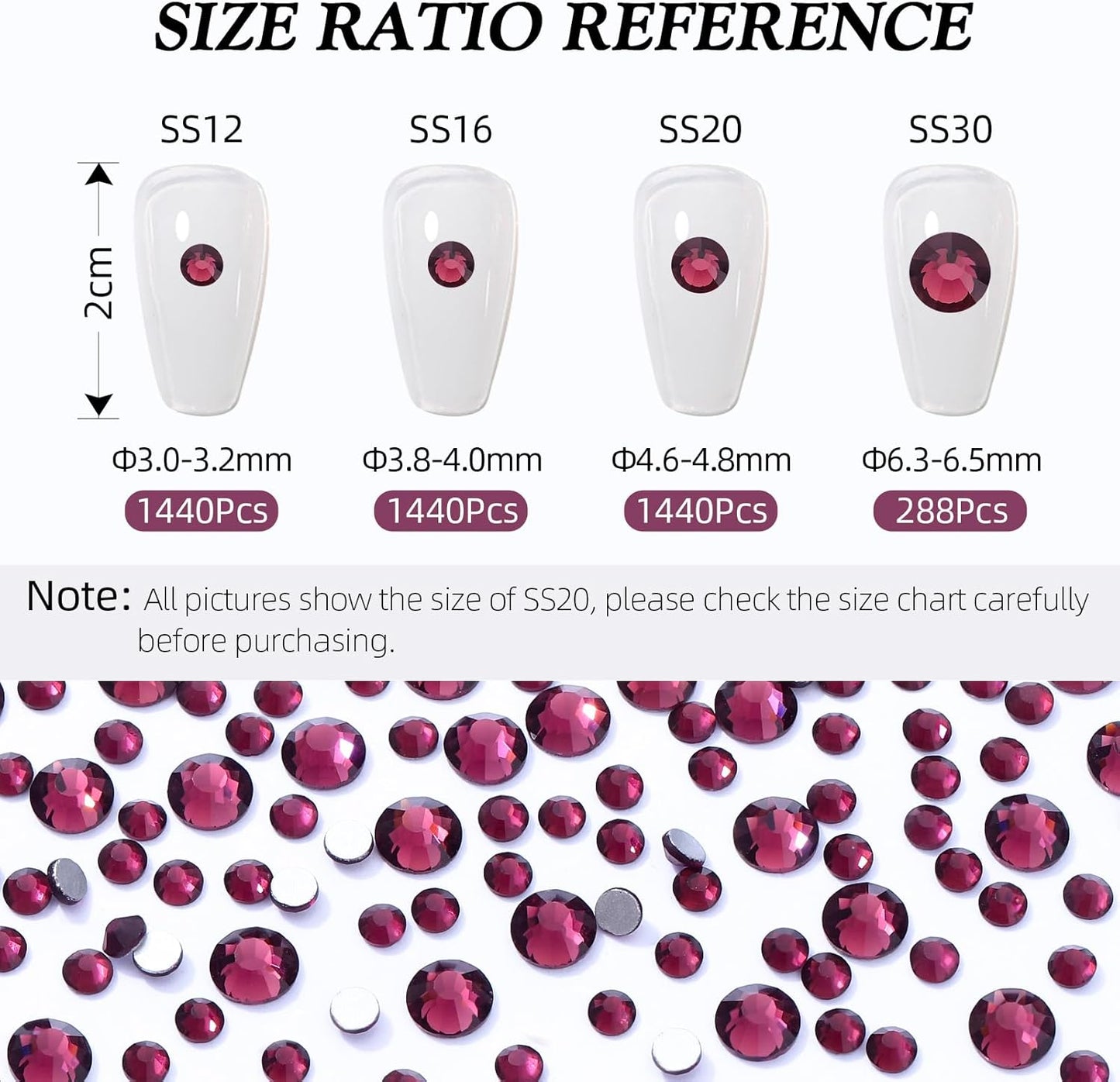 Purple Flatback Rhinestones, Glass Rhinestones for Nail Art and Craft, Glue Fix, Loose Crystal Gemstones(Purple, SS20, 1440pcs, 4.6-4.8mm)