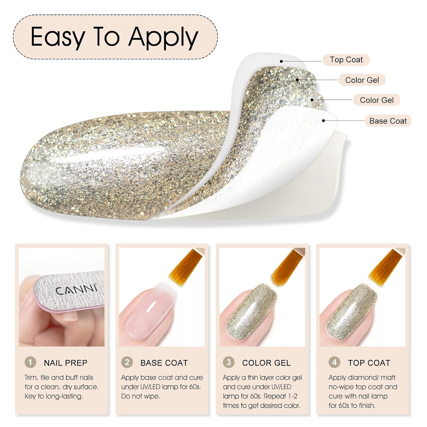 CANNI Champagne Gold Glitter Gel Polish – 9ML Sparkly Soak-Off UV/LED Gel Nail Polish, Shiny Metallic Finish for French Manicure, DIY or Salon Use