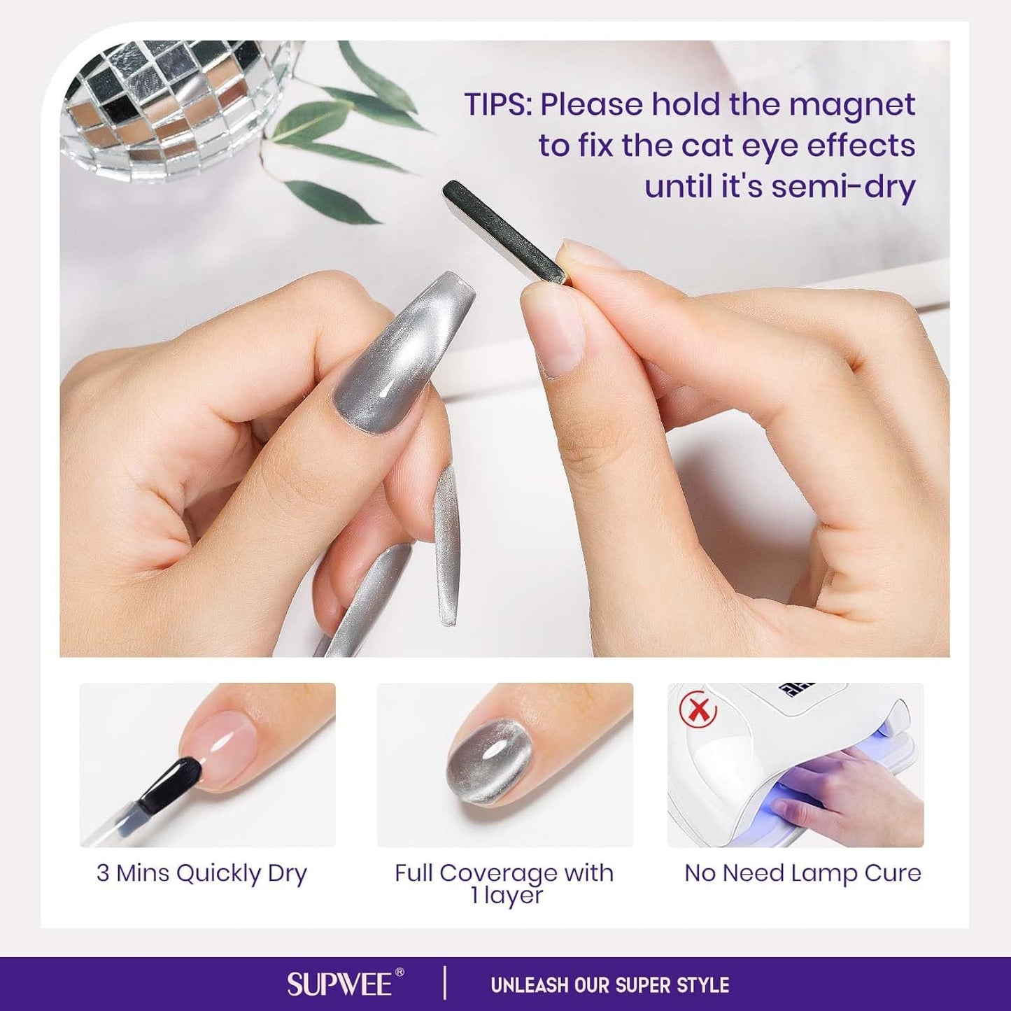 Quick Dry Cat Eye Nail Polish, Silver Magnetic Nail Polish Shimmer Glitter with Magnet High Glossy Fingernail Air Dry Fast Manicure DIY Salon Fall Colors