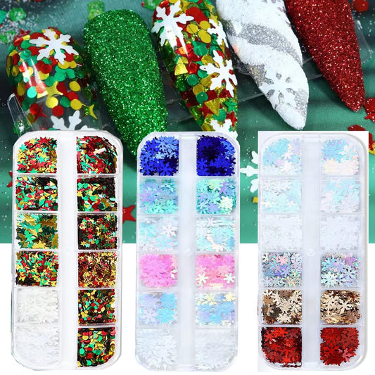 Christmas Nail Art Glitters Sequins, 3 Boxes Holographic Snowflake Nail Art Flakes Red Green White Winter Snowflake Star Glitter Sticker Decals Manicure DIY Xmas Decorations 36 Styles