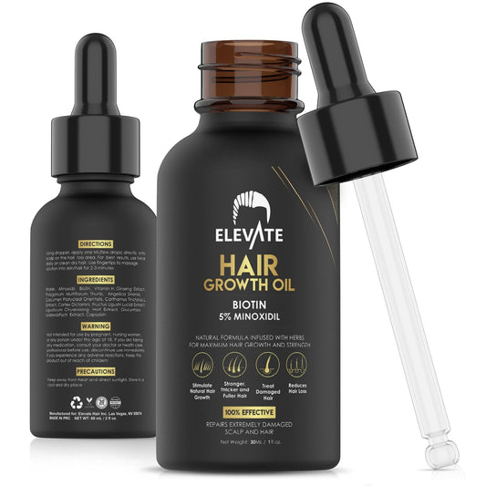 ELEVATE Hair Growth Oil - Biotin Serum & 5% Minoxidil Treatment for Stronger Thicker Longer Hair – Natural Hair Growth Thickening Treatment - Stop Thinning & Hair Loss for Men & Women 1oz